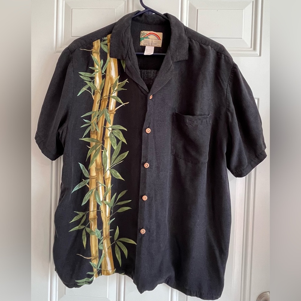VTG Paradise Found Men’s L Vintage Hawaiian Aloha Shirt Black Bamboo‎ Tropical